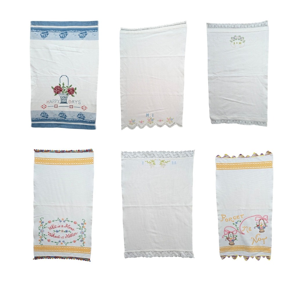 Vintage Lof of 6 Embroidered Hand Towel Linen Floral Lace Trim Kitchen Boho